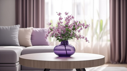 咖啡色图背景图片_稀疏的生活空间，带有一丝优雅的 3D 渲染，咖啡桌上有一朵紫色的花