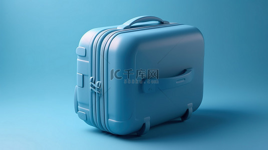 蓝色背景上蓝色手提箱的简约 3D 渲染，非常适合旅行和旅游概念