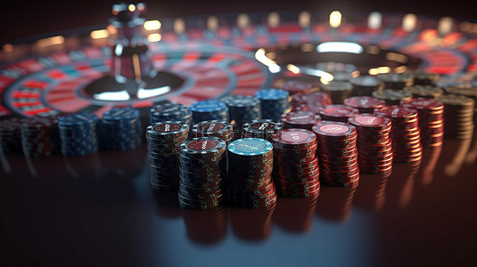 带有赌场代币背景和文本空间的 3d 轮盘赌插图中的动态扑克筹码