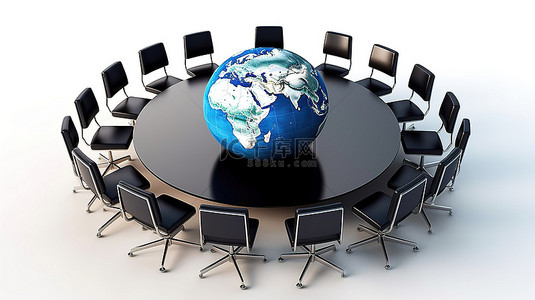 圆桌讨论全球商业战略与地球在白色背景下的 3D 渲染