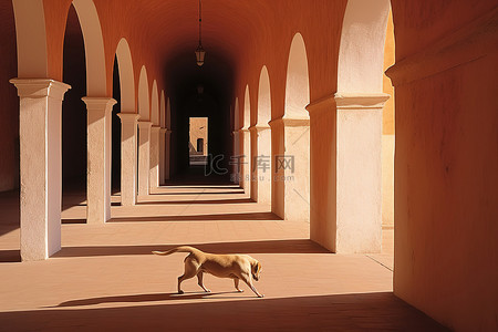 狗在阿尔卡达萨宫庭院的拱门下行走