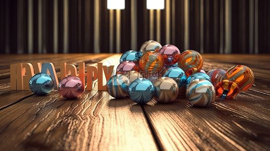 活动派对背景图片_木质背景上装饰着节日问候的糖果，配有动态 3D 插图，为冬季庆祝活动带来奢华和优雅