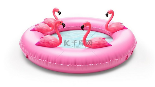 3D 渲染一个孤立的粉色充气火烈鸟游泳池环，非常适合夏季乐趣