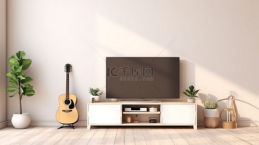 智能电视背景图片_3D 渲染现代客厅，配有原声吉他和控制台支架上的智能电视