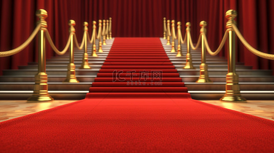 电影电影院背景图片_通往红地毯的楼梯的 3D 插图，带有豪华的金色屏障和绳索