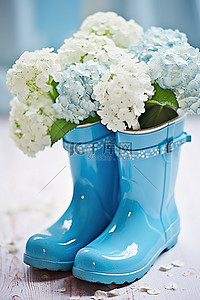 鞋花背景图片_两只蓝色靴子，里面有白花