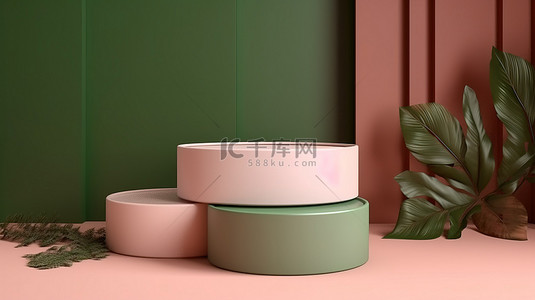 日系奶油风背景图片_产品展示广告奶油棕色 3D 讲台在充满活力的绿色粉红色背景