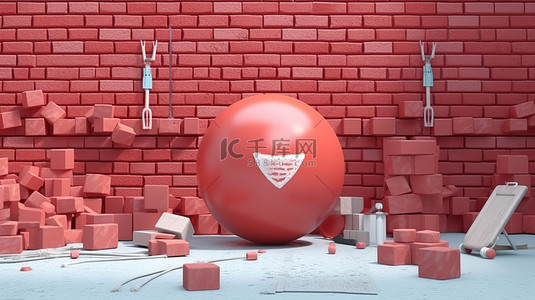 用砖墙施工工具和气球进行美国劳动节庆祝活动的 3D 渲染