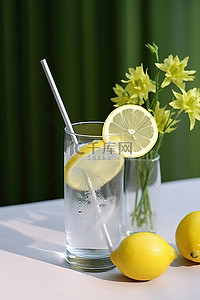 吸管背景图片_一杯柠檬和一根吸管，旁边是花和草