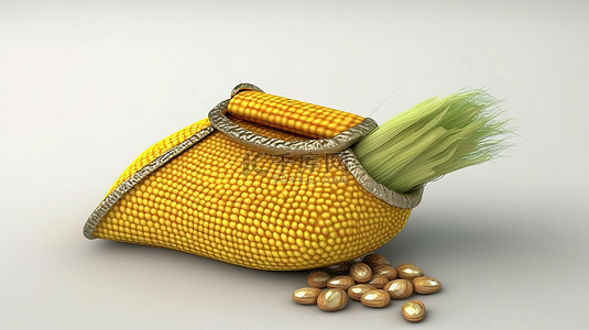 农业金融背景图片_玉米袋，带有玉米穗和硬币 3d 渲染白色背景上的可交易玉米