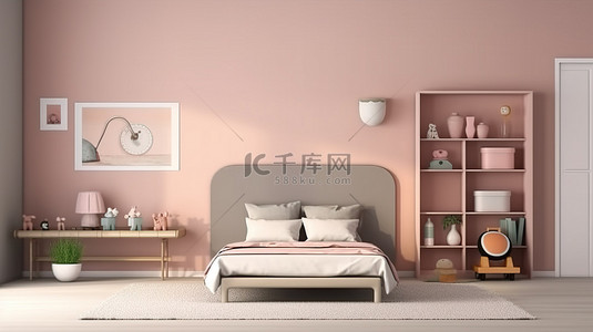 极简主义儿童卧室 3D 渲染，配有床书架地毯和样机框架，与彩绘墙插图相匹配