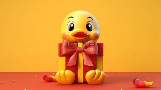 3D 渲染的卡通鸭吉祥物，配有可爱的礼品盒和阳光明媚的黄色背景上的红丝带