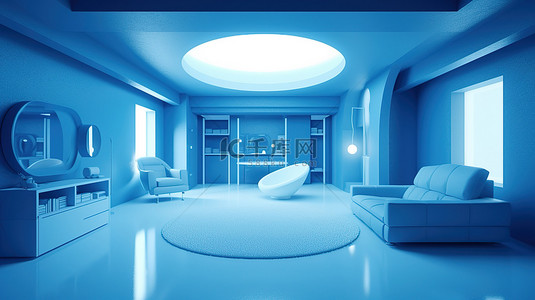 蓝色主题房间设计的当代 3D 渲染