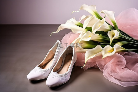 一双粉红色的白色芭蕾舞鞋和一束马蹄莲花
