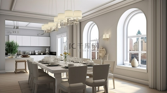 光线充足的公寓的 3D 渲染图，配有经典的白色厨房和用餐区的灰色框架墙