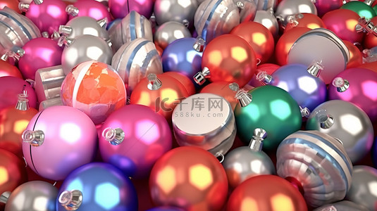 充满活力的圣诞树丝带，装饰着 3D 渲染的化妆品和彩色球