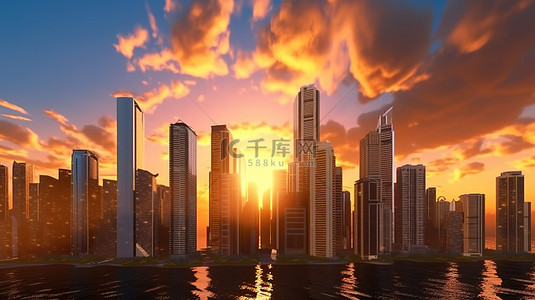 日落时照亮的摩天大楼高清 3D 渲染