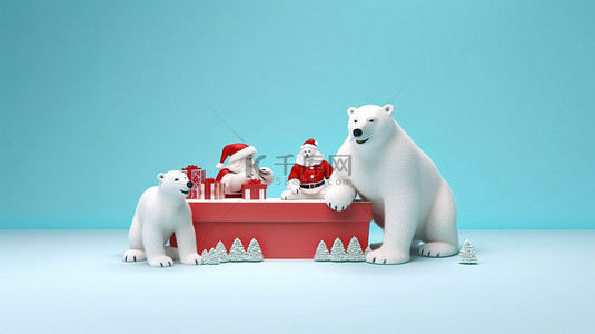 卡通节日庆祝背景图片_节日圣诞节圣诞老人和北极熊通过产品展示 3D 渲染来庆祝