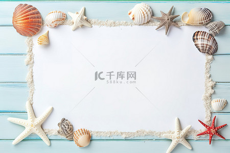海螺海星背景图片_蓝色木质背景中的贝壳和海星框架