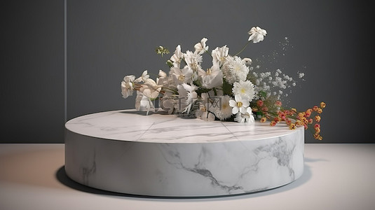 带有花 3d 渲染的大理石讲台，用于展示优雅的产品