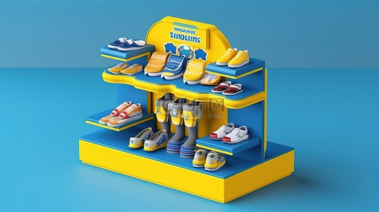 产品方案背景图片_乌克兰风格产品展示架的 3D 渲染，采用蓝色和黄色配色方案