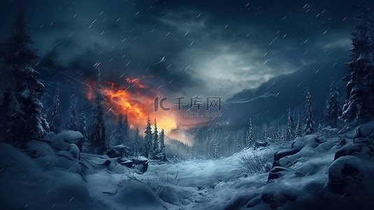 夜间暴风雪景观冬季背景的 3D 数字艺术设计