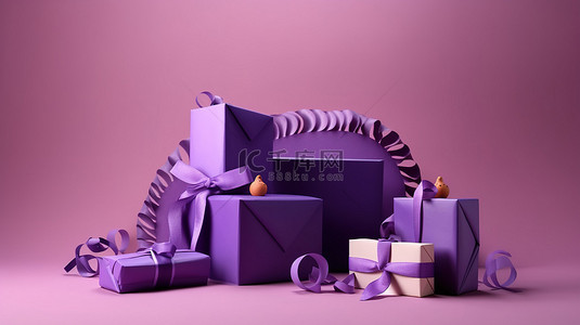 礼物丝带卡背景图片_紫罗兰纸礼品盒，饰有丝带和贺卡，配有复制空间和紫色背景上的 3D 礼品套装