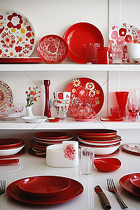白色的盘子背景图片_一个房间里摆满了红色和白色的盘子和盘子