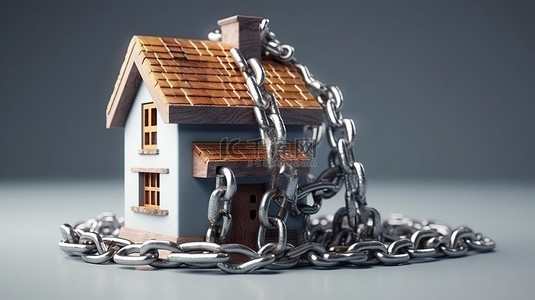 一座被金属链和锁包围的令人惊叹的房子的 3D 渲染