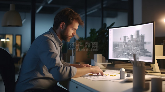 专业建筑师在公司办公室的办公桌前使用 3D 软件开发容器原型设计