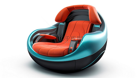 带有安全气囊和车轮的汽车座椅的 3D 渲染，白色背景上细节清晰
