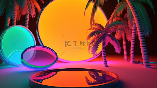 主题展背景图片_夏季主题抽象圆圈中的辐射霓虹灯丙烯酸板以 3D 渲染并在阳光明媚的背景下设置