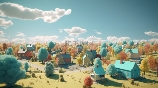 3D 渲染的雄伟蓝天下迷人的村庄