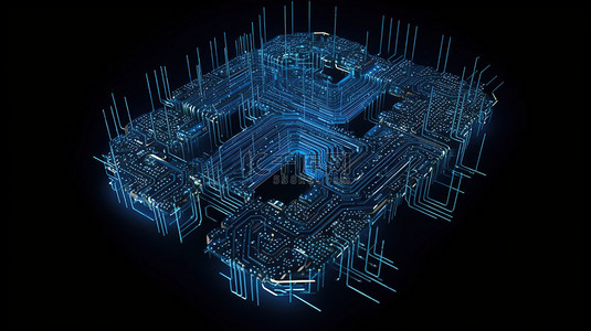 蓝色电路背景图片_数字蓝色背景，具有电路图案和 3D 渲染中的 ai 文本