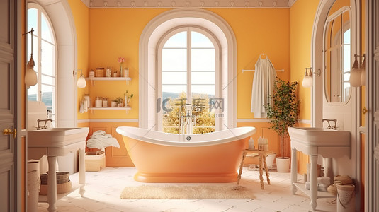 复古窗背景图片_复古风格的浴室配有宽敞的窗户和古典风格的木质梳妆台