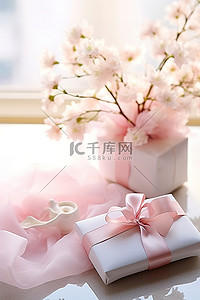 父亲新娘背景图片_带蝴蝶结和鲜花的新娘礼物，背景为桌子