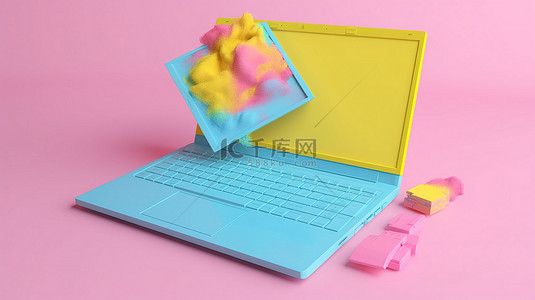 操作的手背景图片_生动的蓝色笔记本电脑，带黄色屏幕和粉色键盘，由手操作 3d 渲染图像隔离在白色背景上，带有剪切路径