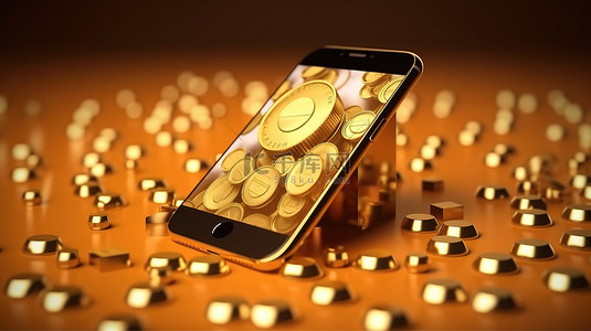 支付手机背景图片_智能手机显示屏上金币溢出的在线商业概念的 3D 渲染