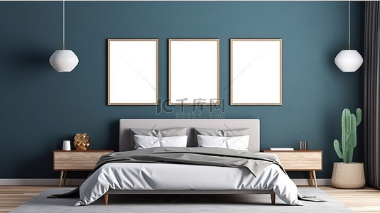 反馈海报背景图片_深蓝色墙壁，配有床和白色蓝色枕头，配有空海报框架模拟 3D 渲染