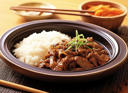 特色炖煮烤肉背景图片_韩式牛肉炖菜盘配米饭