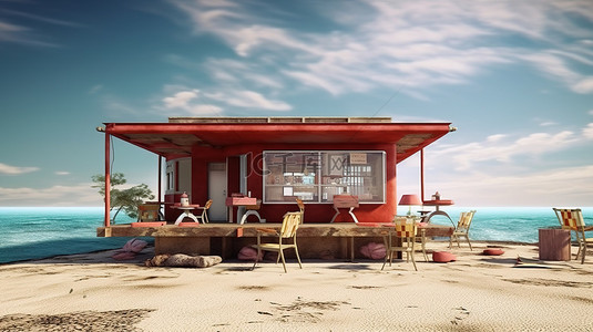 路边一家餐厅的海边 3D 渲染