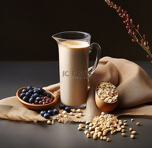 混合料背景图片_燕麦奶昔咖啡坚果奶与混合蓝莓和藜麦混合成袋