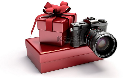 礼盒装背景背景图片_当代数码相机装在深红色礼盒中，白色背景 3D 插图