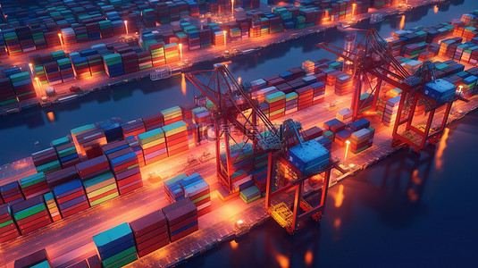 船舶物流背景图片_3D 渲染中停靠船舶港口集装箱和航运物流的鸟瞰图