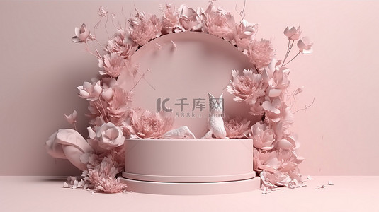 情人节粉背景图片_令人惊叹的柔和粉红色花卉 3D 渲染，配有讲台，非常适合情人节美容或春季项目