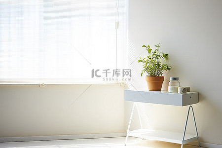 窗户旁边的白色架子和凳子，里面有植物