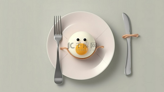 顶视图 3D 渲染一个盘子，上面有卡通脸鸡肉和鸡蛋，周围有叉子和刀子