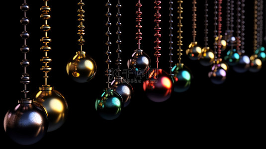 黑色圣诞背景背景图片_发光的花环用悬挂的 3d 小玩意和空白区域装饰黑色背景