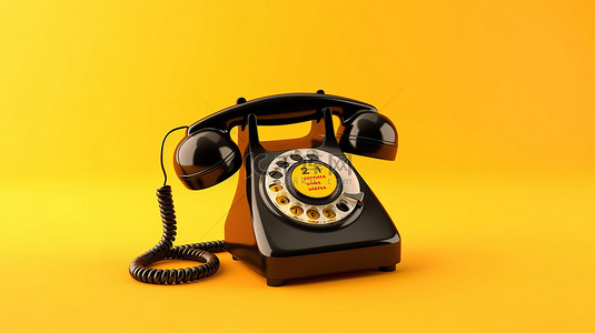 手机复古背景背景图片_时尚黑色复古手机与充满活力的黄色背景 3D 渲染