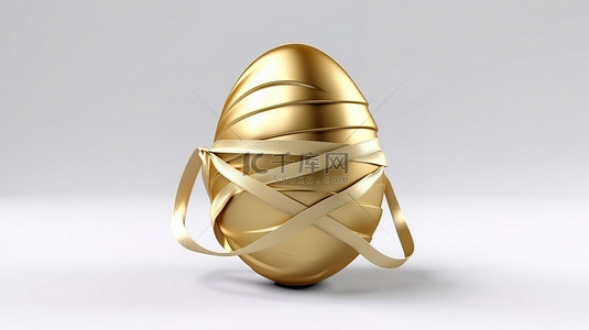 金色面膜背景图片_白色背景上带有一次性医用口罩的逼真金色复活节彩蛋的 3D 渲染